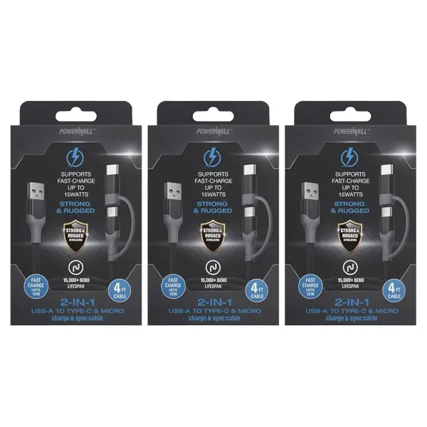 3 Pack - PowerXcel 4FT 2in1 Kevlar USB-A to Micro and Type-C Fast Charging Cable PowerXcel